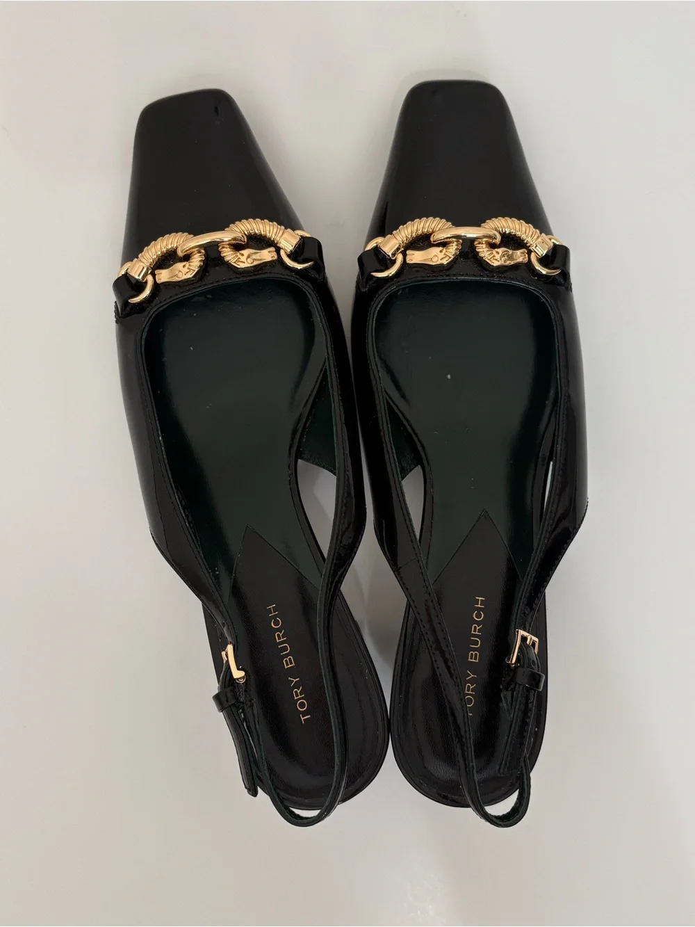 Tory Burch Jessa Heeled Slingbacks Black Gold Horsehead Hardware Womens 7.5